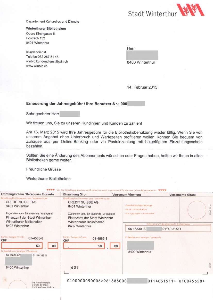 Beispiel für Briefpapier mit vorgedrucktem Einzahlungsschein (BESR) samt den passgenau aufgedruckten Angaben aus der der PDF-Datei