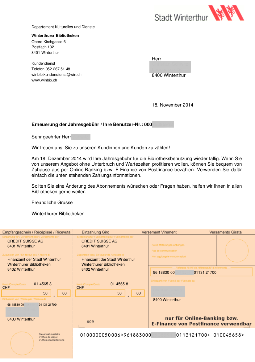 Beispiel für einen per E-Mail mitgeschickten Brief im PDF-Format samt künstlichem Einzahlungsschein