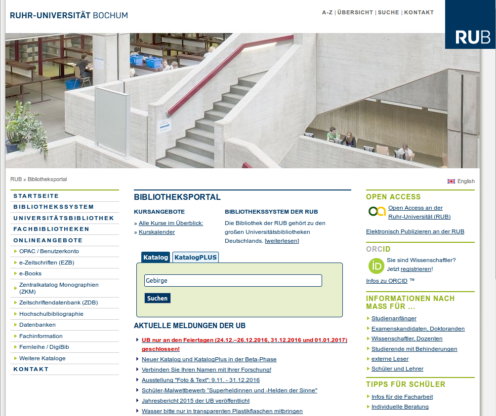 UB Bochum: Sucheinstieg über die Homepage