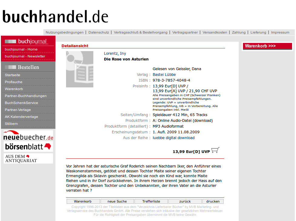 Beispiel für mit Hilfe der ISBN bei "buchhandel.de" gefundene Angaben zu einem E-Medium
