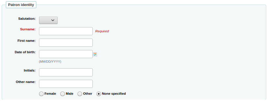 'Patron identity' section of the patron form