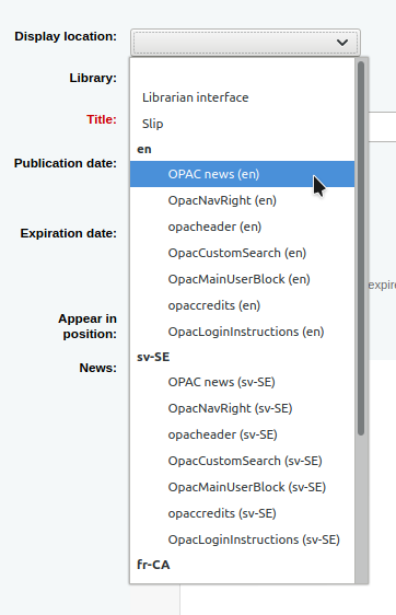 Drop-down menu of display locations