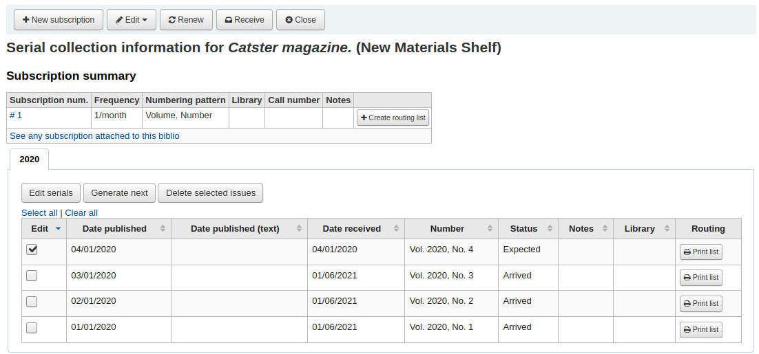 Serial collection page, the issues table shows three issues that have already been received and one issue still expected, the expected issue is checked