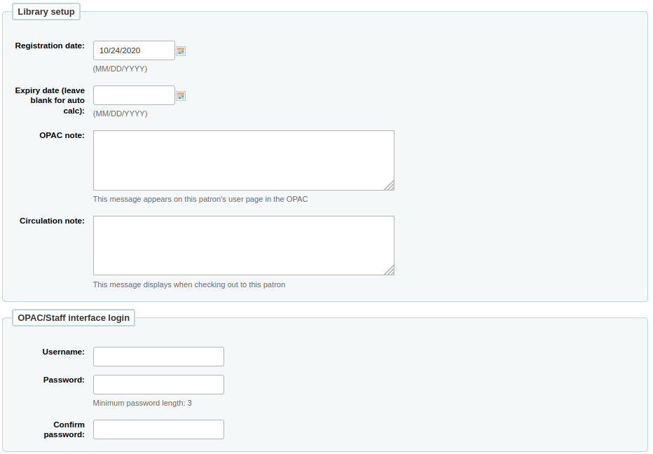 'Library set-up' and 'OPAC/Staff login' sections of the patron form