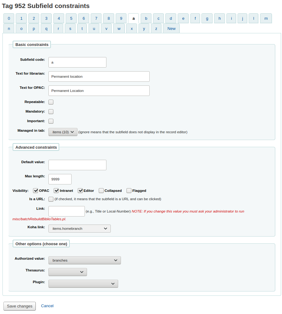 Subfield editing form