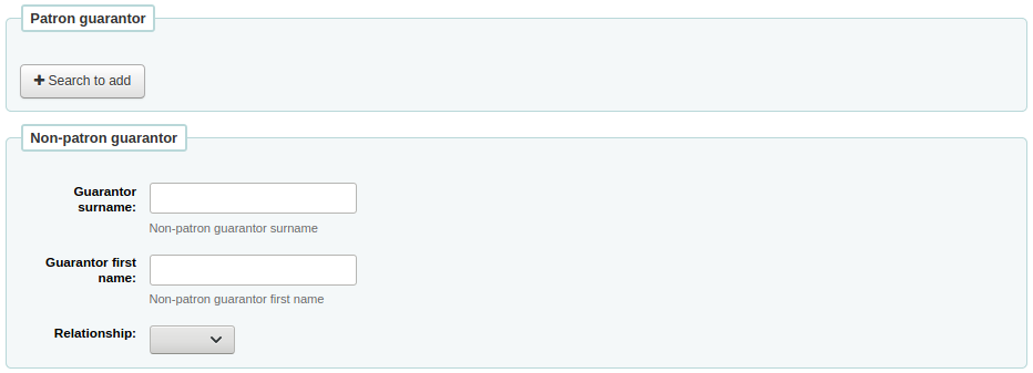 'Patron guarantor' and 'Non-patron guarantor' sections of the patron form