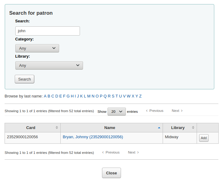 Patron search to add to routing list