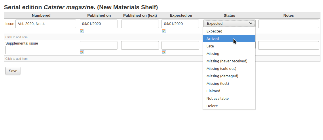 Issue receive form, the status drop-down menu is opened and the cursor points to Arrived