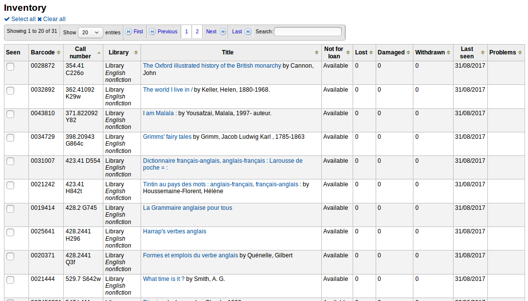 A table presenting the items corresponding to the filters