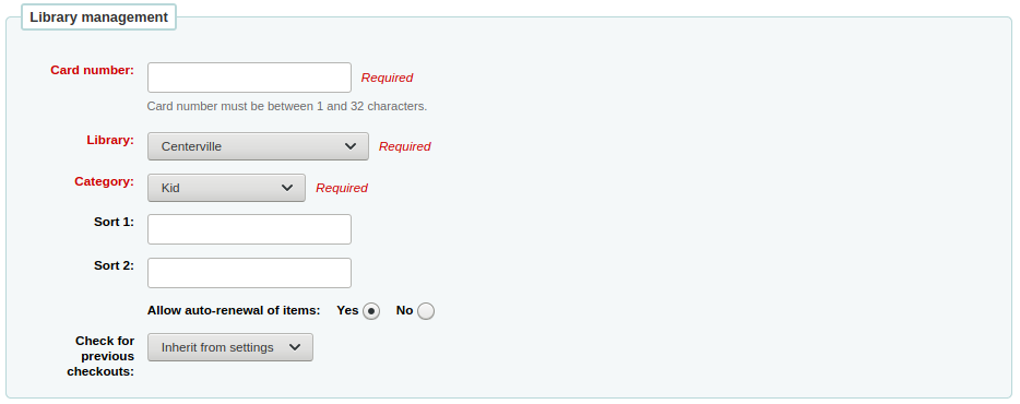 'Library management' section of the patron form