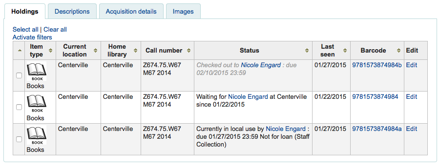 Item table in a record detail page showing which items are checked out and to whom