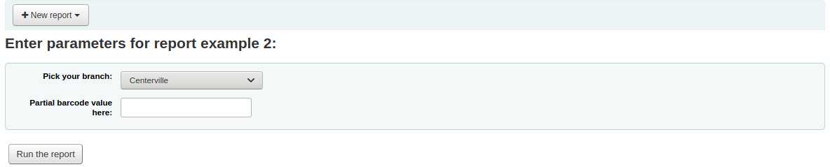 When running the report, the user is asked to choose a library from a drop-down menu and enter a barcode in an input text field