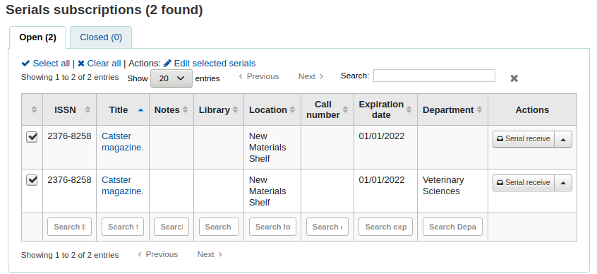 Subscription search results, two subscriptions are selected and the option Edit selected serials is available