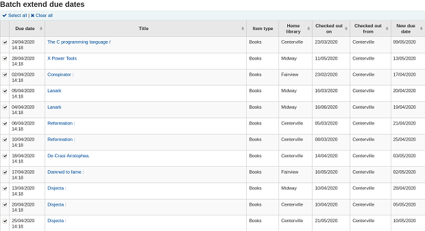 Batch extend due dates preview results page