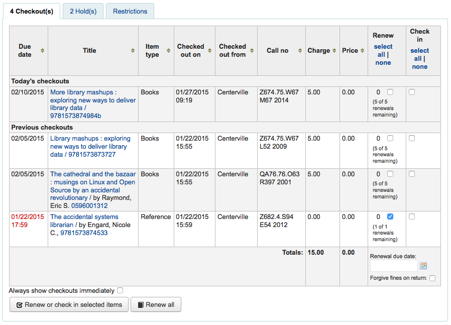 Table of patron's current checkouts