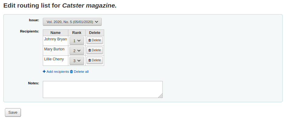 Editing routing list form