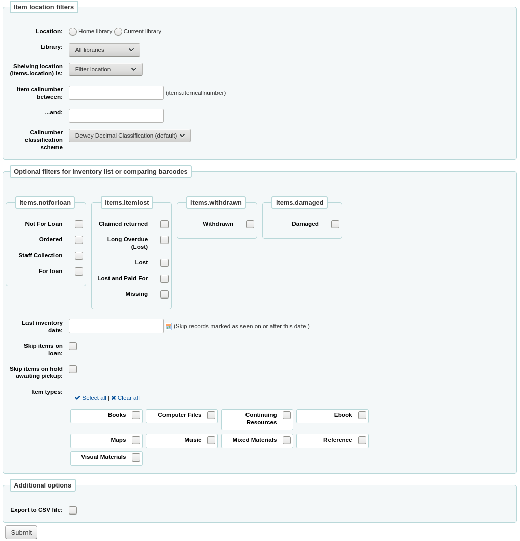 The inventory form, the sections Item location filters, Optional filters for inventory lists or comparing barcodes, and Additional options