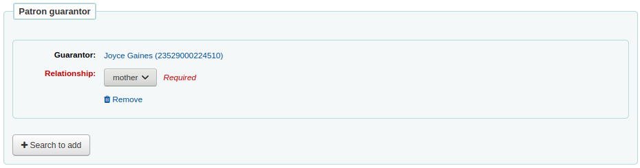 Patron guarantor section of the add new patron form with a patron selected as guarantor