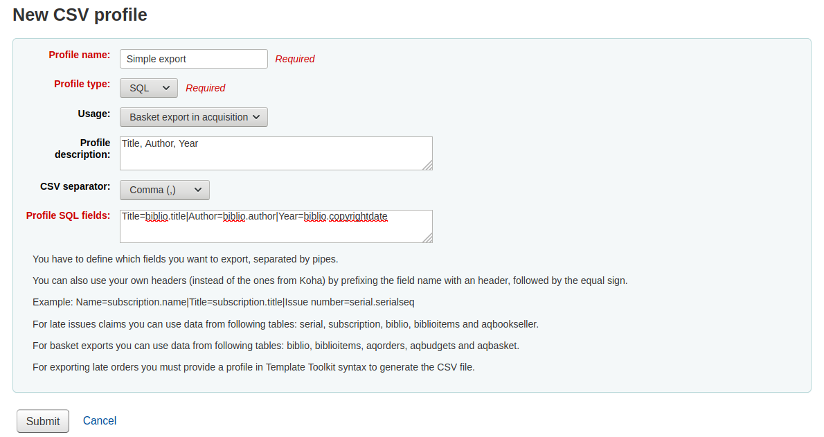 Add new CSV profile form filled with SQL information