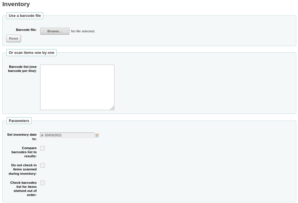 The inventory form, the sections Use a barcode file, Or scan items one by one, and Parameters