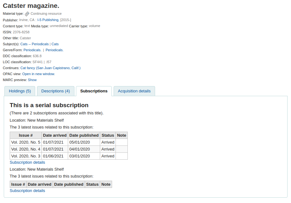 The Subscriptions tab of a bibliographic record in the staff interface