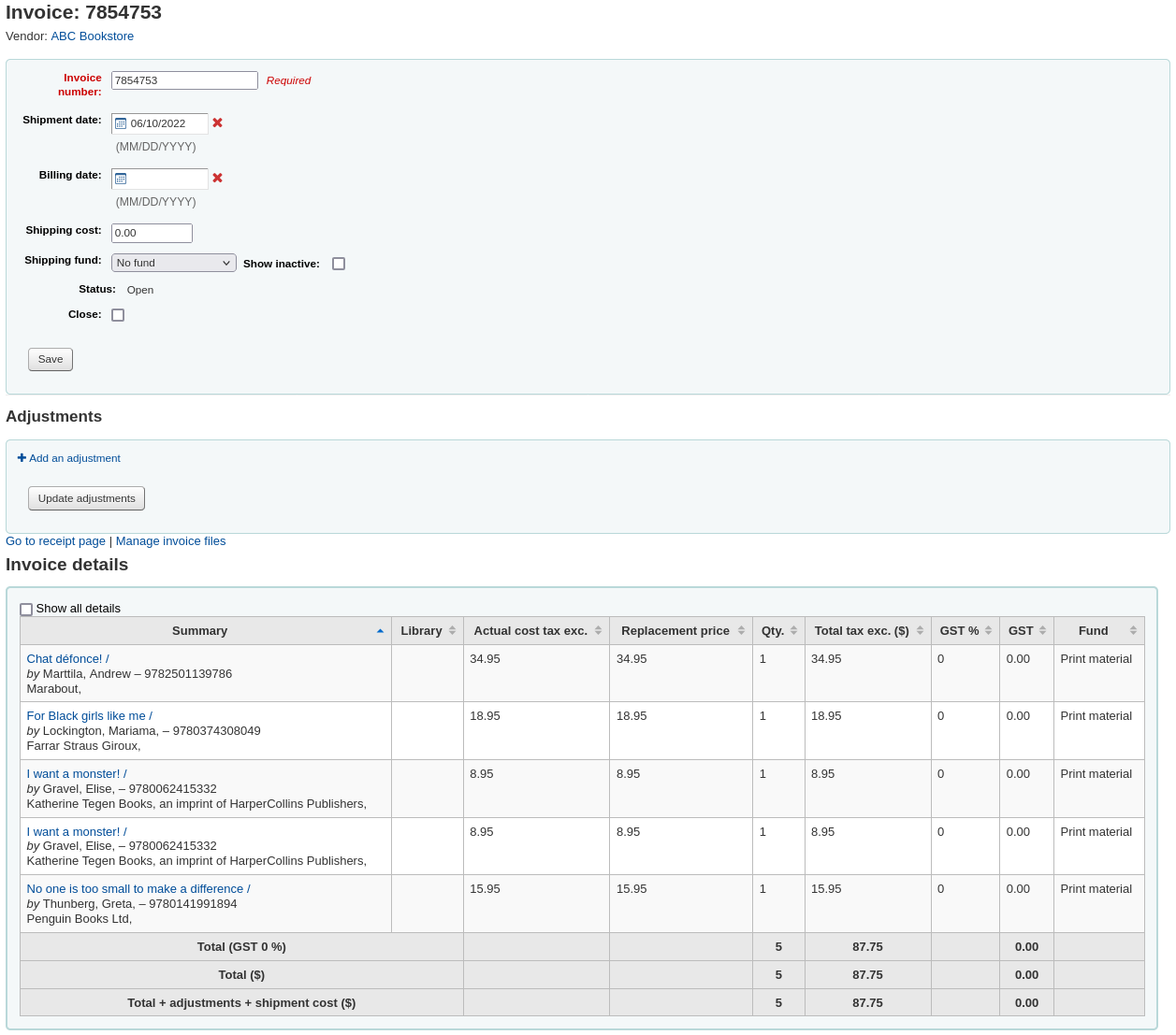 Detailed invoice page when AcqEnableFiles is enabled