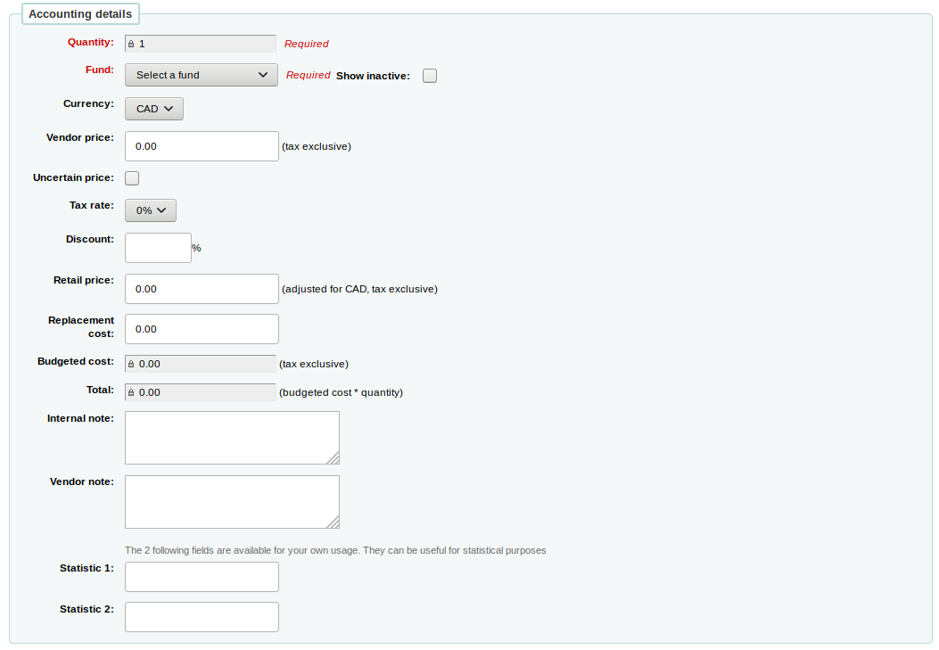 Accounting details section of the order form