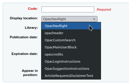 Drop-down menu of display locations for additional content