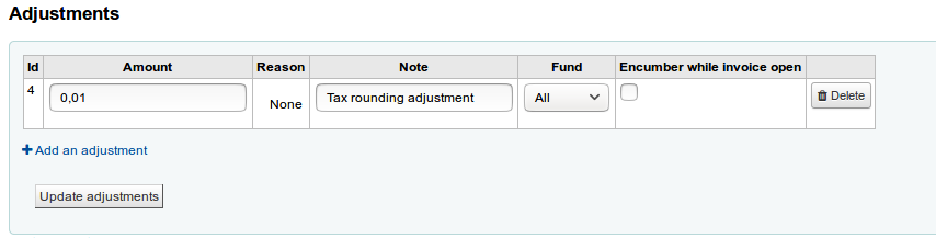 List of adjustments on an invoice