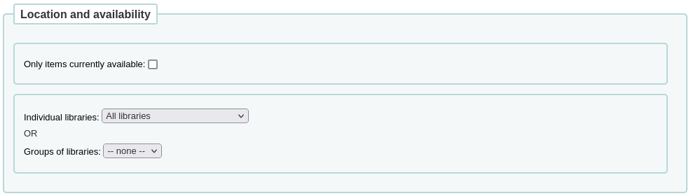 Location and availability limits section of the advanced search form in the staff interface