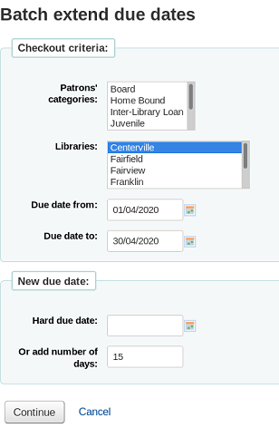 Batch extend due dates selection page