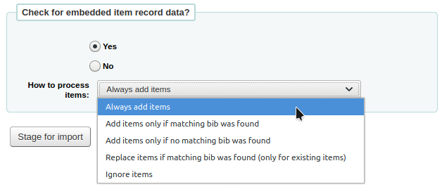 Dropdown list of available options for importing items