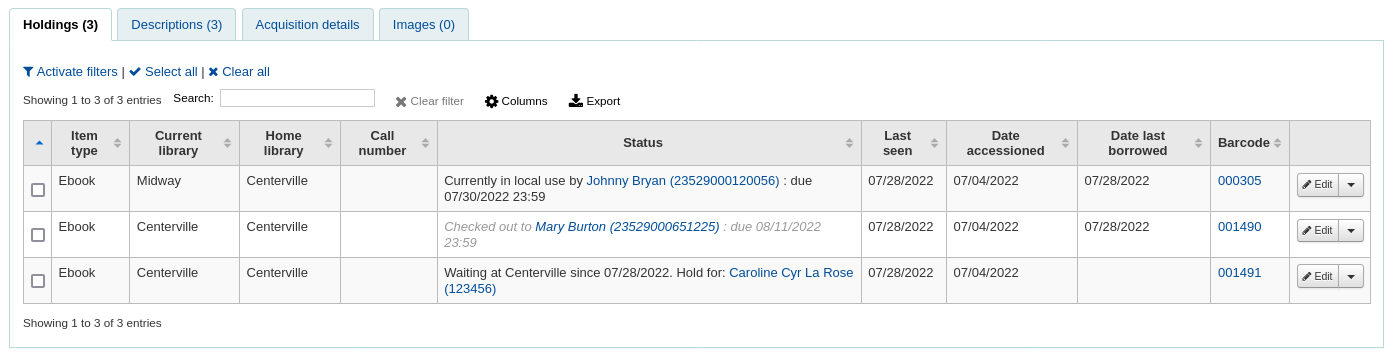 Item table in a record detail page showing which items are checked out and to whom