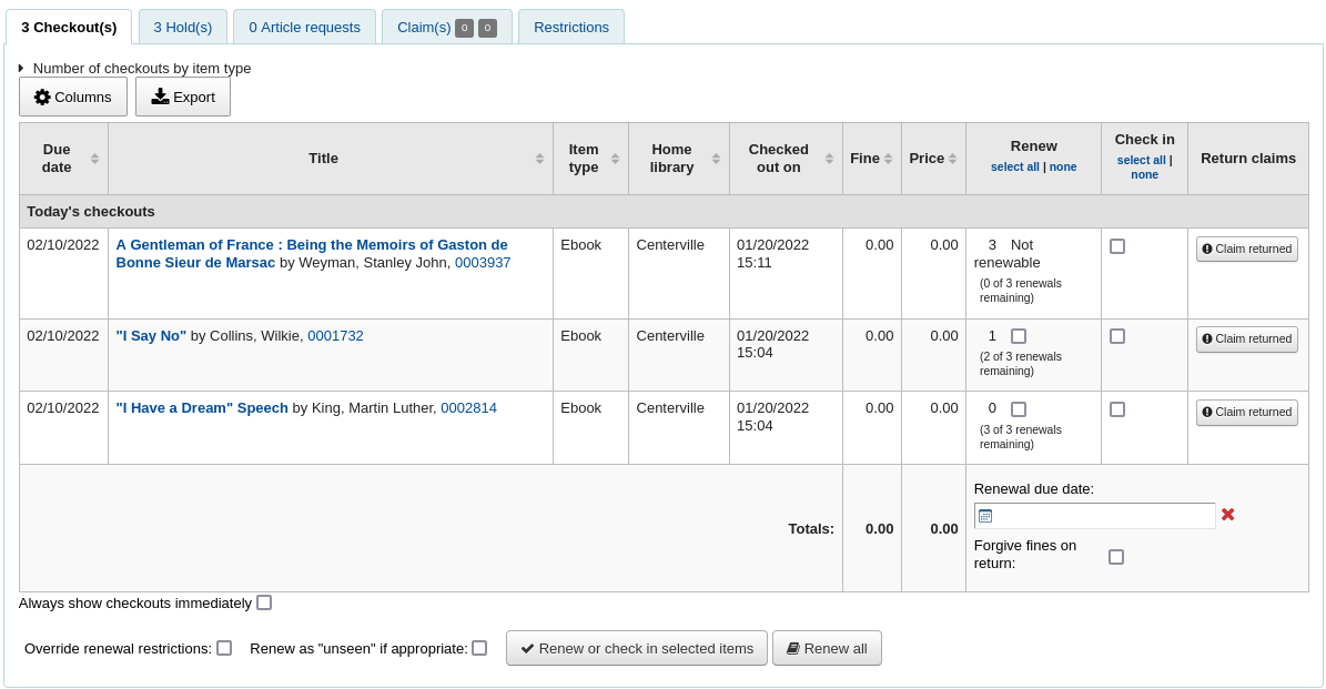 Issues table (circulation summary) in the patron file