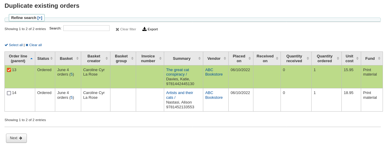 Order search results for duplicating orders