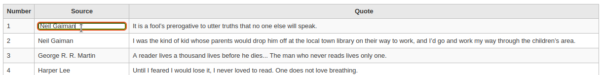 Clicking in the table on the source or the text of a quote will open a editable field