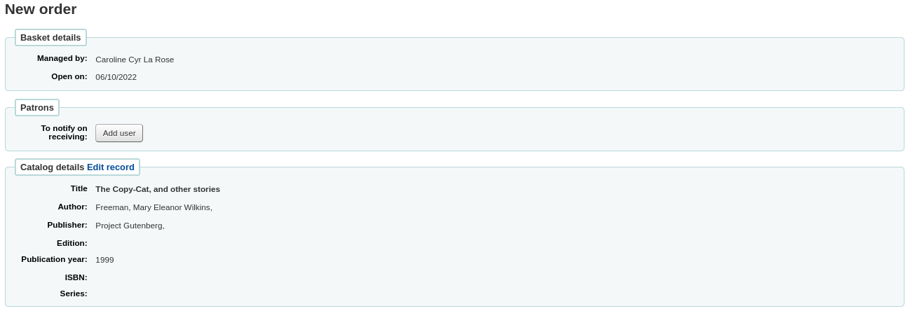 When ordering from an existing record, the record part of the order form will be automatically filled in