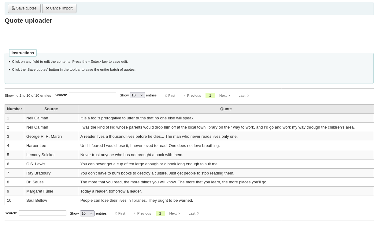 A list of imported quotes in a table