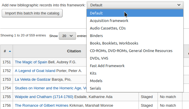 Dropdown list of MARC bibliographic frameworks