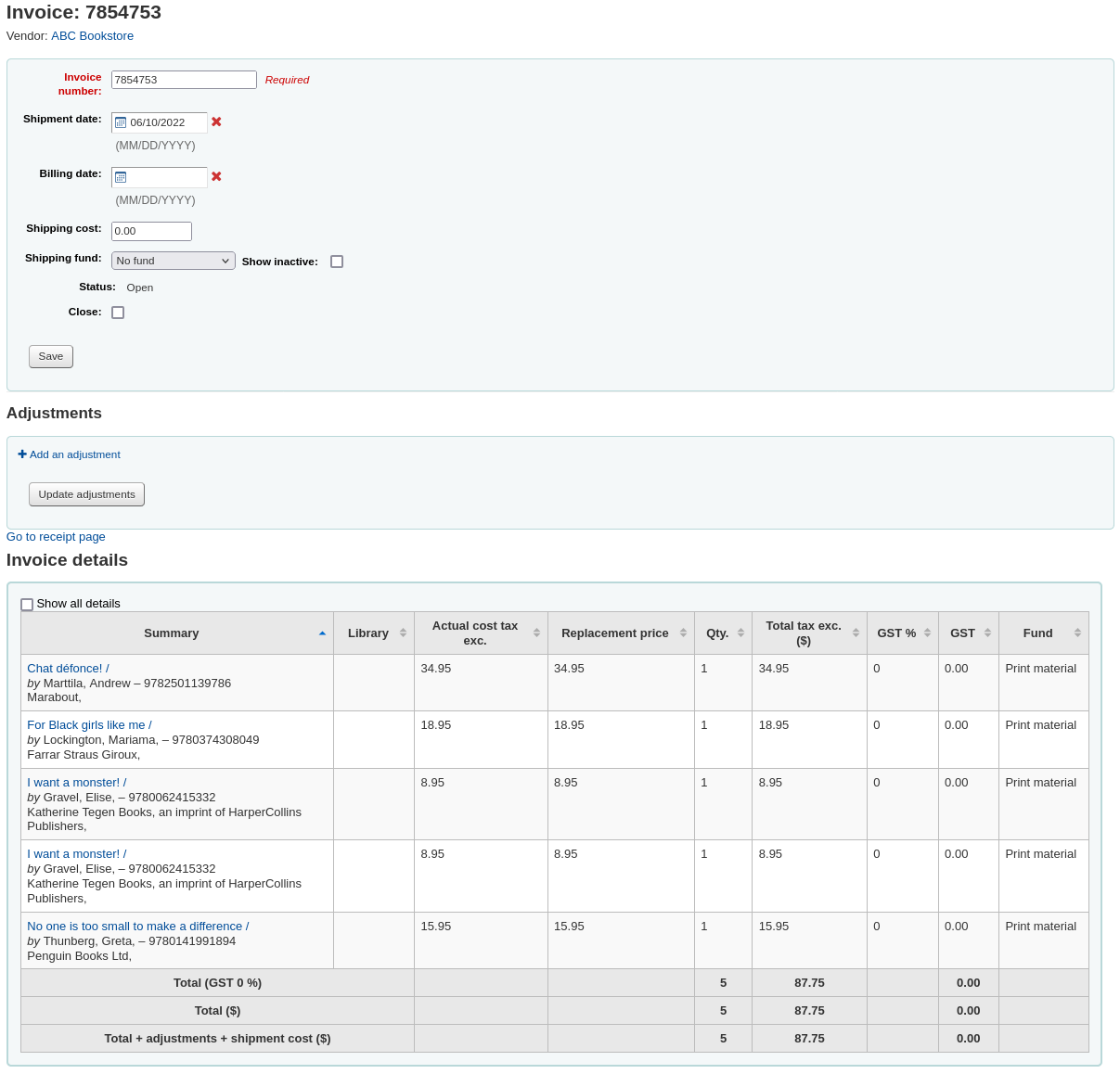 Detailed invoice page