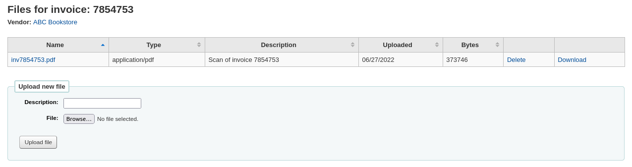 List of attached files to an invoice above the form to upload files