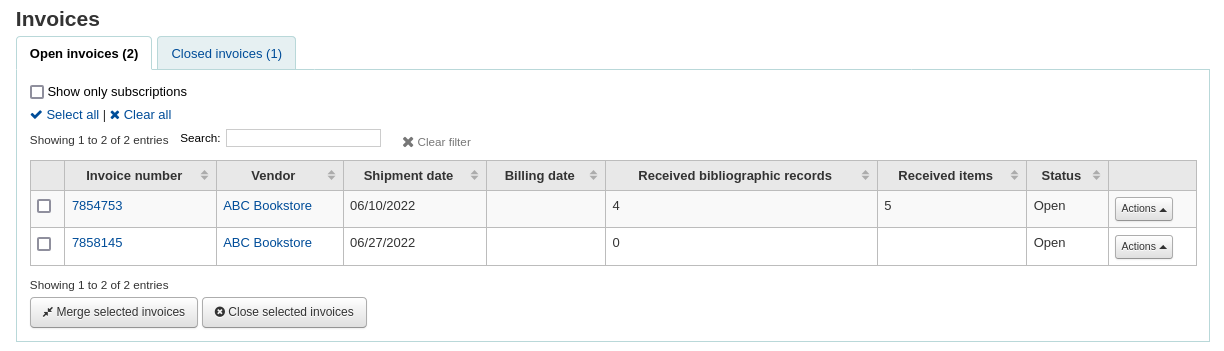 List of invoices, separated in tabs for open and closed invoices