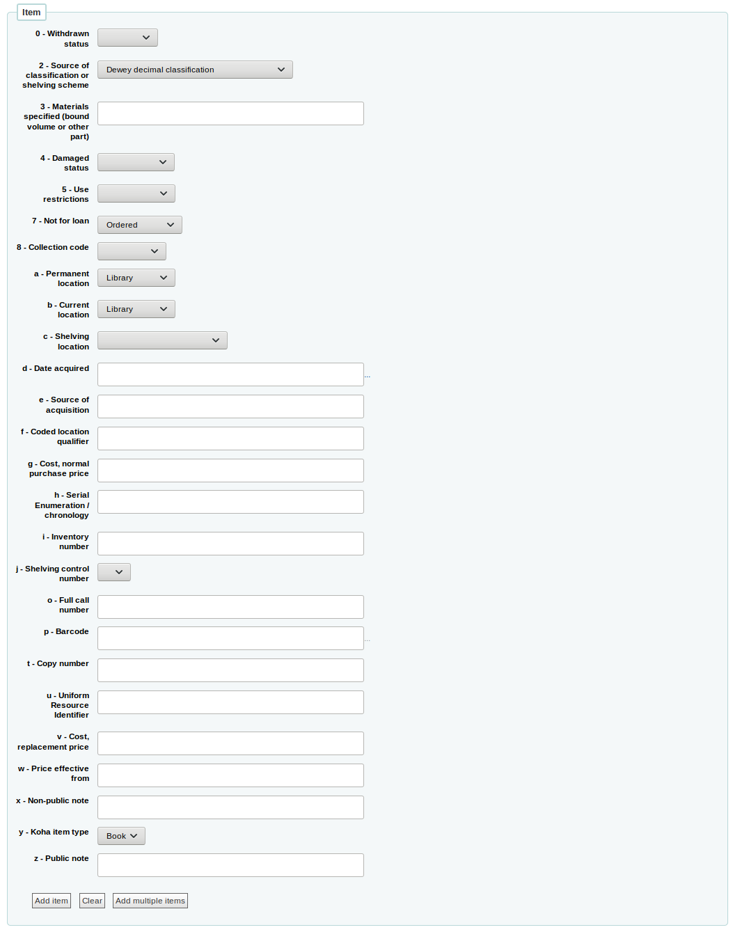 New item form within the order form