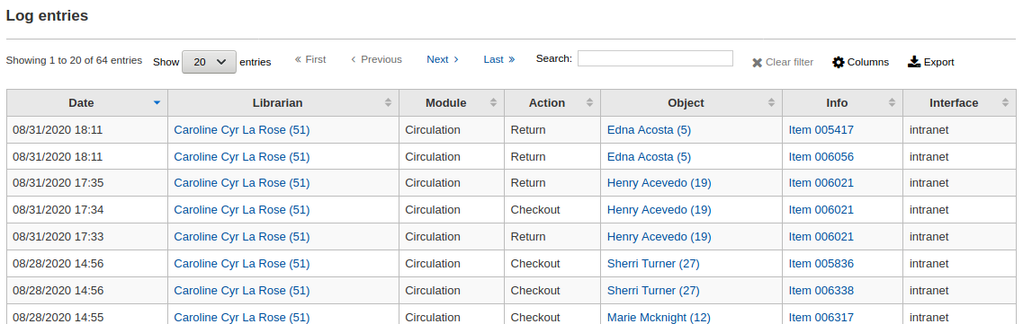 Log viewer results table