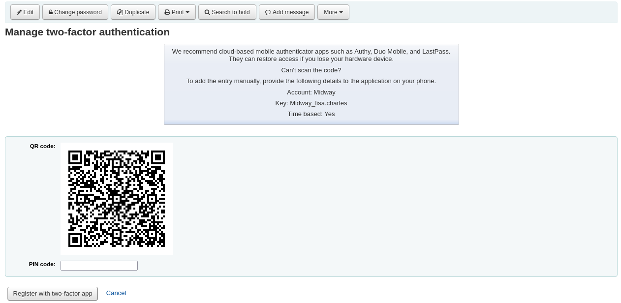 The manage two-factor authentication page; a QR code is presented with a field for a pin code underneath