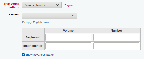 Table to enter the starting numbers for the numbering pattern