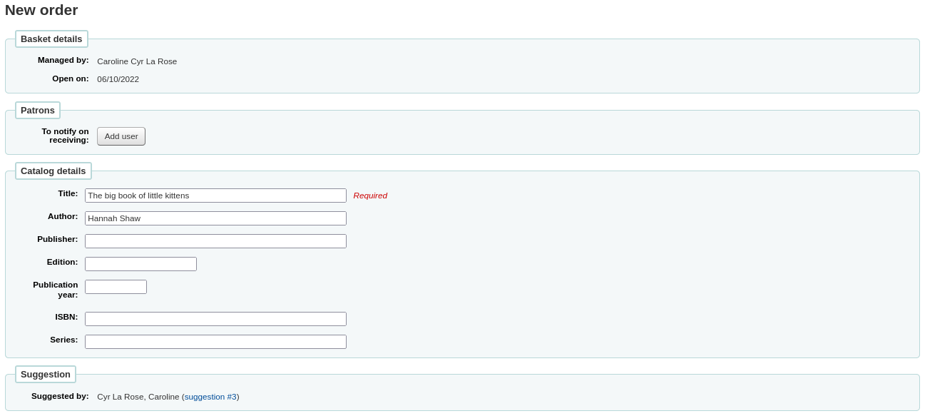 Order form with the patron's information in the suggestion section