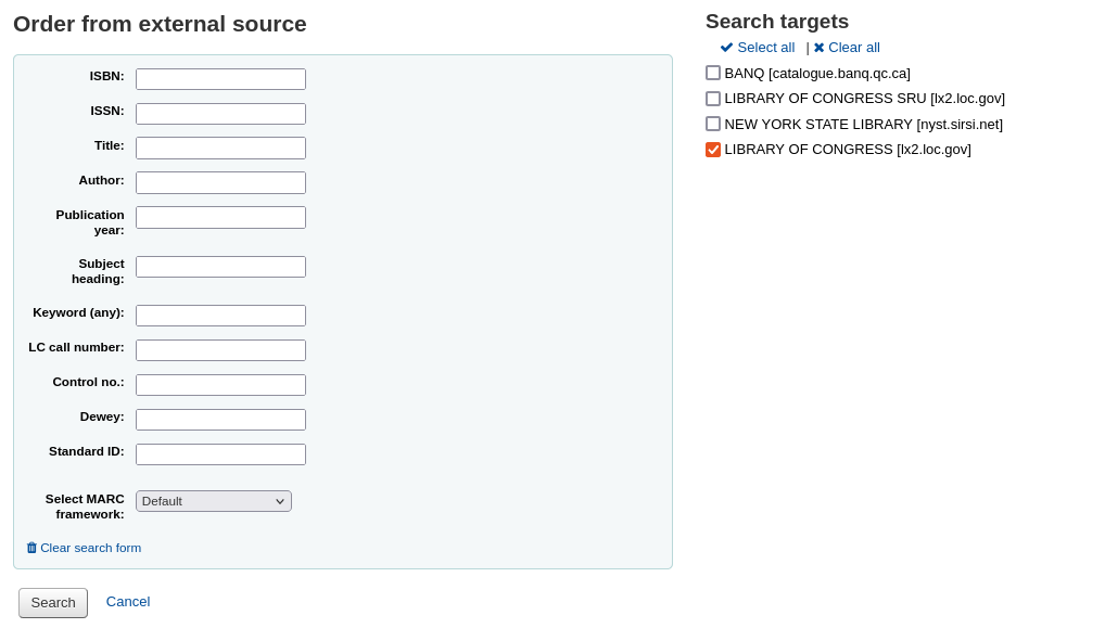 Z39.50 search form to order from an external source