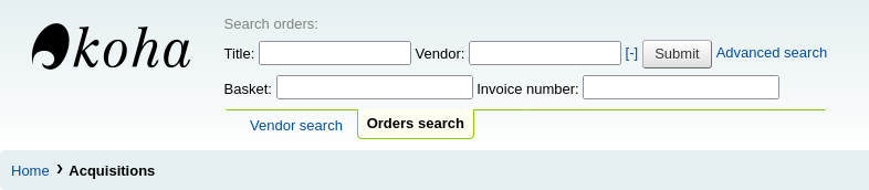 The search bar at the top of the page has two options in the acquisitions module, Vendor search and Orders search, this show the order search option, expanded