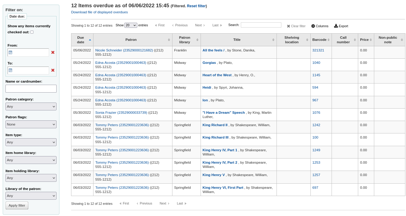 View of the overdues report